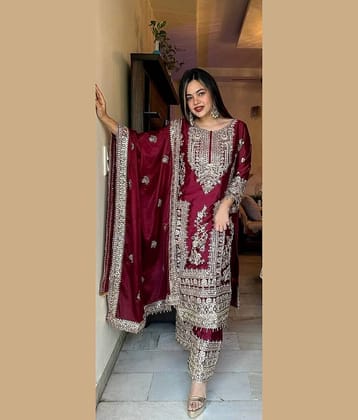 piludi Women Silk Blend Embroidered Straight Kurti With Pants ( Mustard )