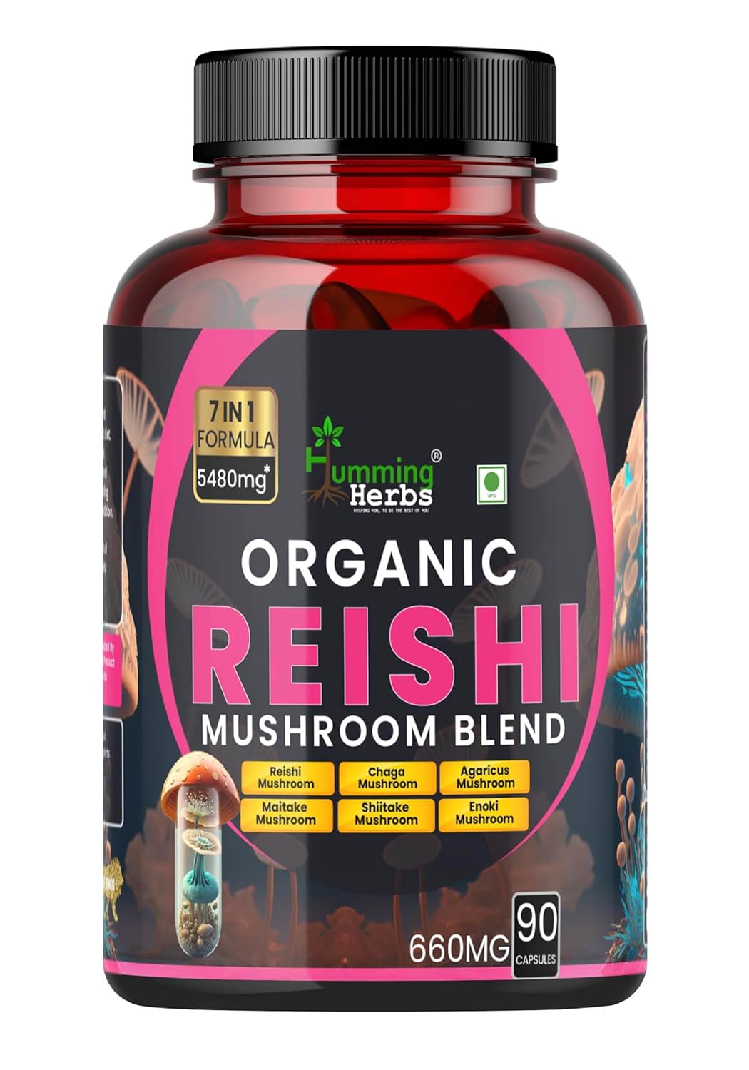 Humming Herbs Organic Reishi Mushroom Blend |Reishi, Chaga, Turkey Tail, Maitake, Shiitake, Enoki, and Agaricus| 7-in-1 Immune Support Formula, 5480mg, 90 Capsules