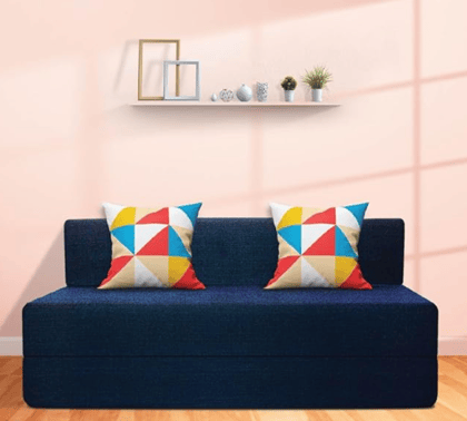 Starlon 3 Seater Sofa Cum Bed | Foldable Sofacum Bed | Jute Fabric Washable Cover Sofa (Navy Blue with 2 Cushion Geometrical Pattern, 6X6 Ft.)
