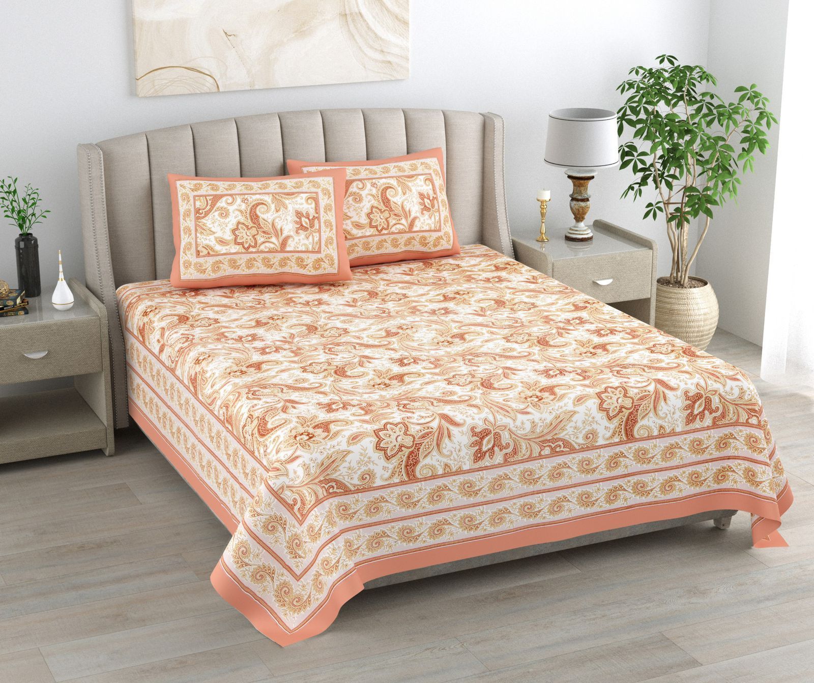 3001-Hometrade India-Standard King Size (90*108 Inches) Double Bedsheet With 2 Pillow Cover-RJ-14-Jaipur lining-3313