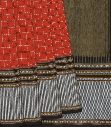 Rust Handloom Single Ikat Saree With Checks-Rust-Rust