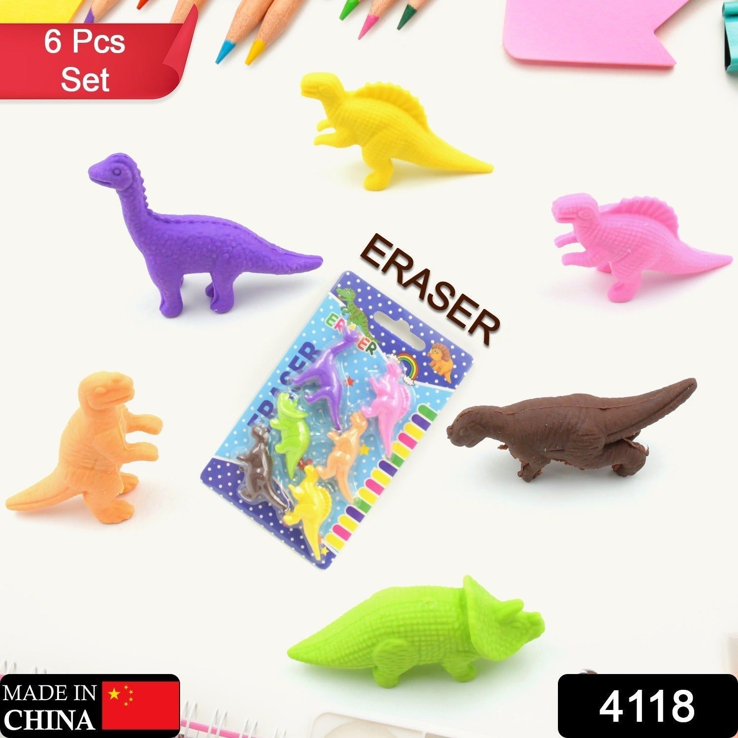 Dinosaur Shaped Erasers for Kids, 3D Puzzle Erasers, Classroom Prizes (6 Pcs Set)