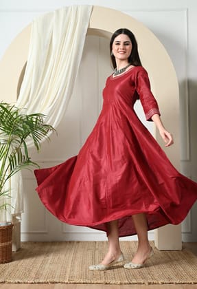Maroon Cotton Silk Gown Dress-S / Maroon