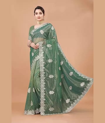 Samai Net Embroidered Saree With Unstitched Blouse Piece ( Light Green )