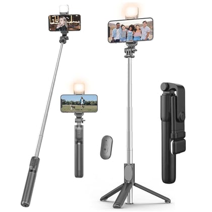 Kratos 28 Inch Selfie Stick Tripod Stand with Light, 3-in-1 Multifunctional Design, Rechargeable LED Light with Two Brightness Levels with Bluetooth Remote for Makeup, Selfie & Photoshoot