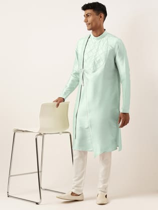 Sky BlueEmbroidery Angrakha Kurta Set-Made To Measure / Kurta Churidaar Set