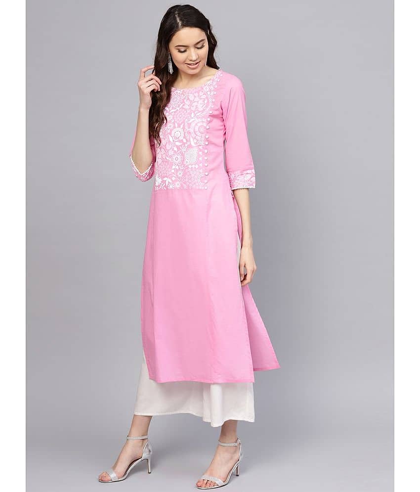 Varanga Cotton Printed Straight Women's Kurti - Pink ( Pack of 1 )