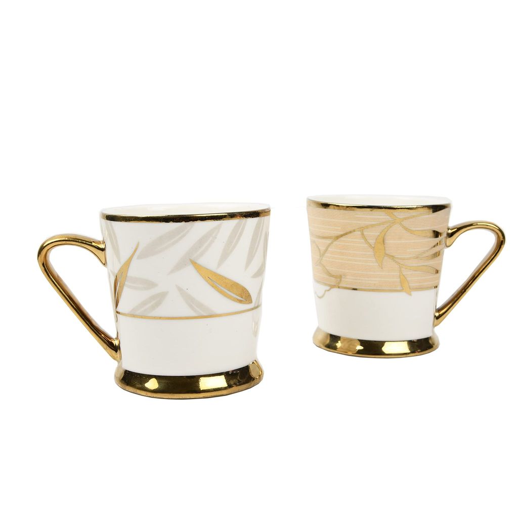 Femora Gold Floral Leaves Tea Mugs, Ceramic Tea Cups, Coffee Mugs (200 ml) - 6 Pcs Set