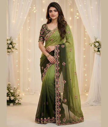 Rangtulika Ethnics Georgette Embroidered Regular Saree With Unstitched Blouse Piece ( Green )