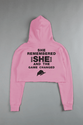She Remembered Who She Was (CROPPED) HOODIE-XS / Baby Pink (Black Print)
