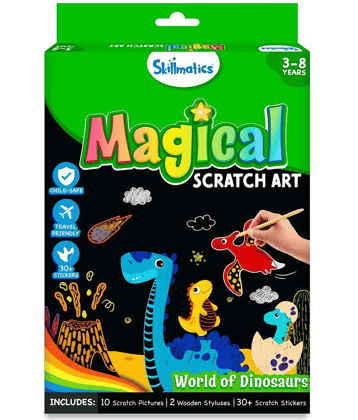 Skillmatics Magical Scratch Art Book for Kids - Dinosaurs, Craft Kits & Supplies, DIY Activity & Stickers, Gifts for Toddlers, Girls & Boys Ages 3, 4, 5, 6, 7, 8, Travel Toys