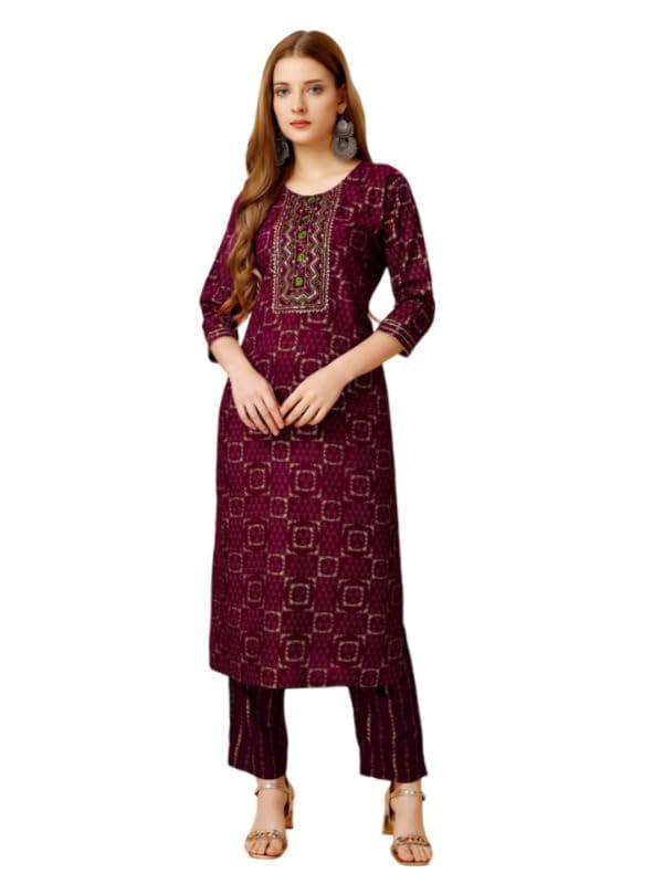Women's Casual 3-4 th Sleeve Embroidery Rayon Kurti Pant Set (Purple, 2XL)-PID50264