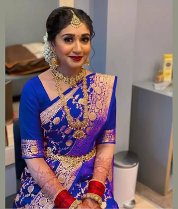 NENCY FASHIONS Kanjivaram Silk Woven Saree With Unstitched Blouse Piece ( Blue )