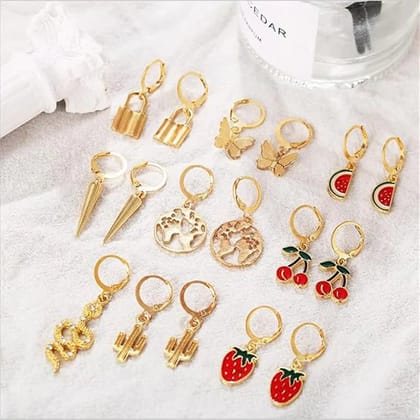 Pack of 9 Multi-Coloured Gold Earrings