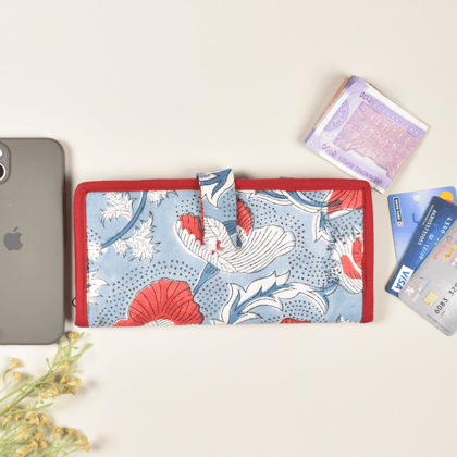 Sky Blue kalamkari and jute ladies wallet