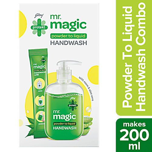 Godrej Protekt Mr.Magic Powder to Liquid Handwash - Neem & Aloe Vera, Protection Against Germs, 9 g (Empty Bottle + Refill )