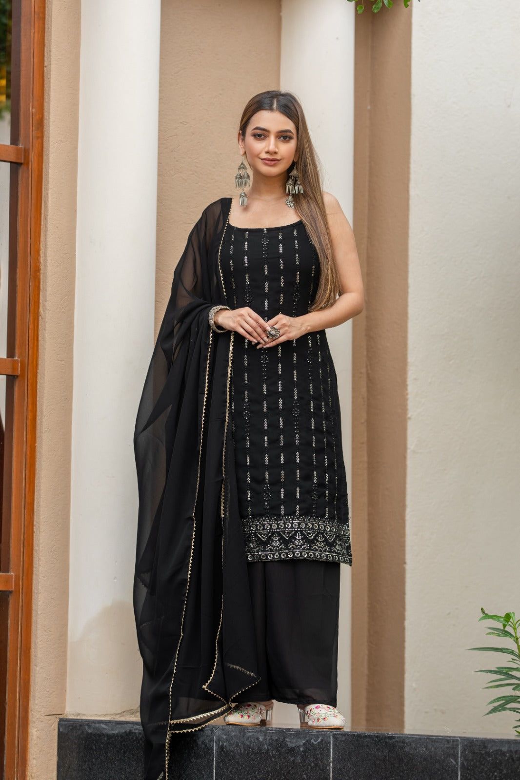 Black Gold Embroidered Sequined Kurta With Palazzos & Dupatta Set-XS