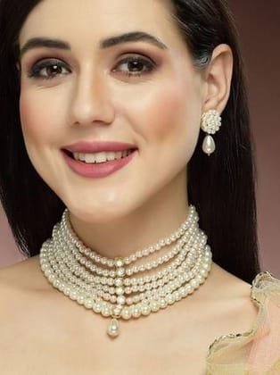 Pearl Beaded Kundan Choker Necklace Set for Women-Free Size