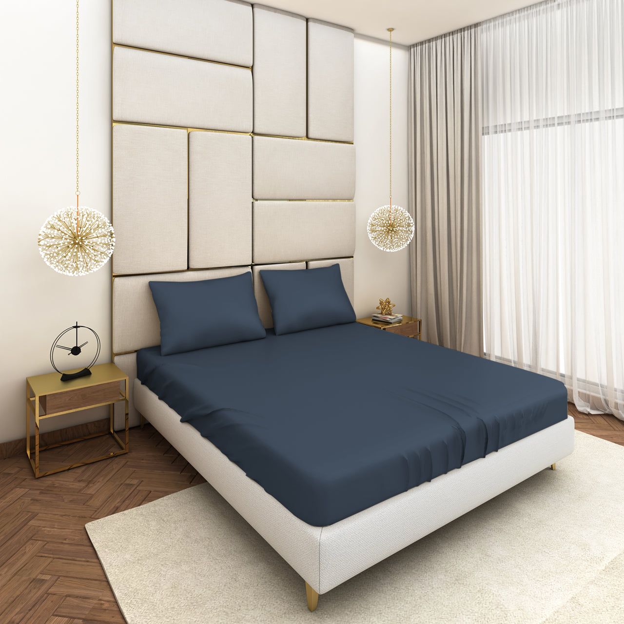 Dark Blue Satin Bedsheet Set-90nch x 108inch + 2Pillow Cover - Queen