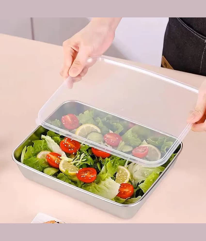 SHARUJA Fridge Storage Box Steel Silver Food Container ( Set of 1 )