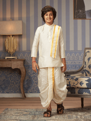 Boys Art Silk Cream Kurta Readymade Panchakacham Towel Combo with Gold Jari Border Azure-Kids 01 - 02 Yrs / Cream