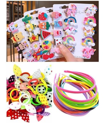 20 Pieces Stylish Hair Accessories Combo for Kids – Shiny Color Hair Bands | Cute Cartoon Mix Design Hair Clips | Bunny Ear Rubber Bands for Kids & Girls - Multicolor