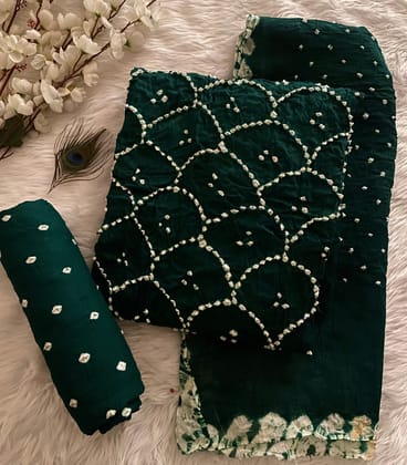 Cotton Satin Authentic Self Color Kutch Bandhani Dress Material-Green