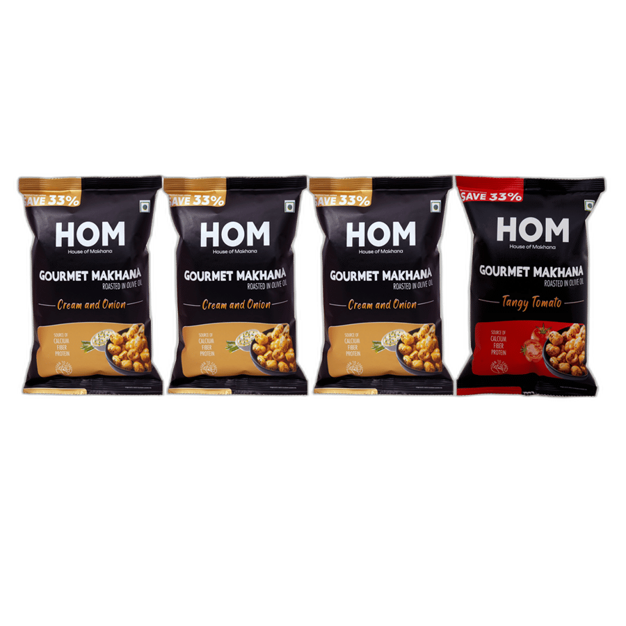 Gourmet Makhana (Pack of 4) with flavors of 3 cream & Onion and 1 Tangy Tomato (14g x 4) - 56 gm