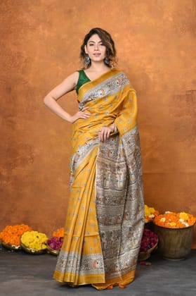 Designed By VMI~ Handloom Pure Tussar Silk Saree With Beautiful Madhubani Print~ Yellow