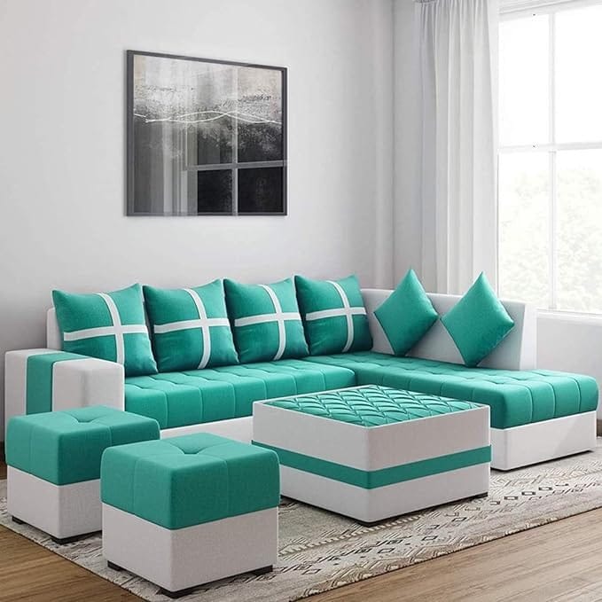 Starlet Furniture L Shape 8 Seater Sectional Fabric Sofa Set with Center Table and 2 Puffy Living Room  (Left Side, Aqua Blue)