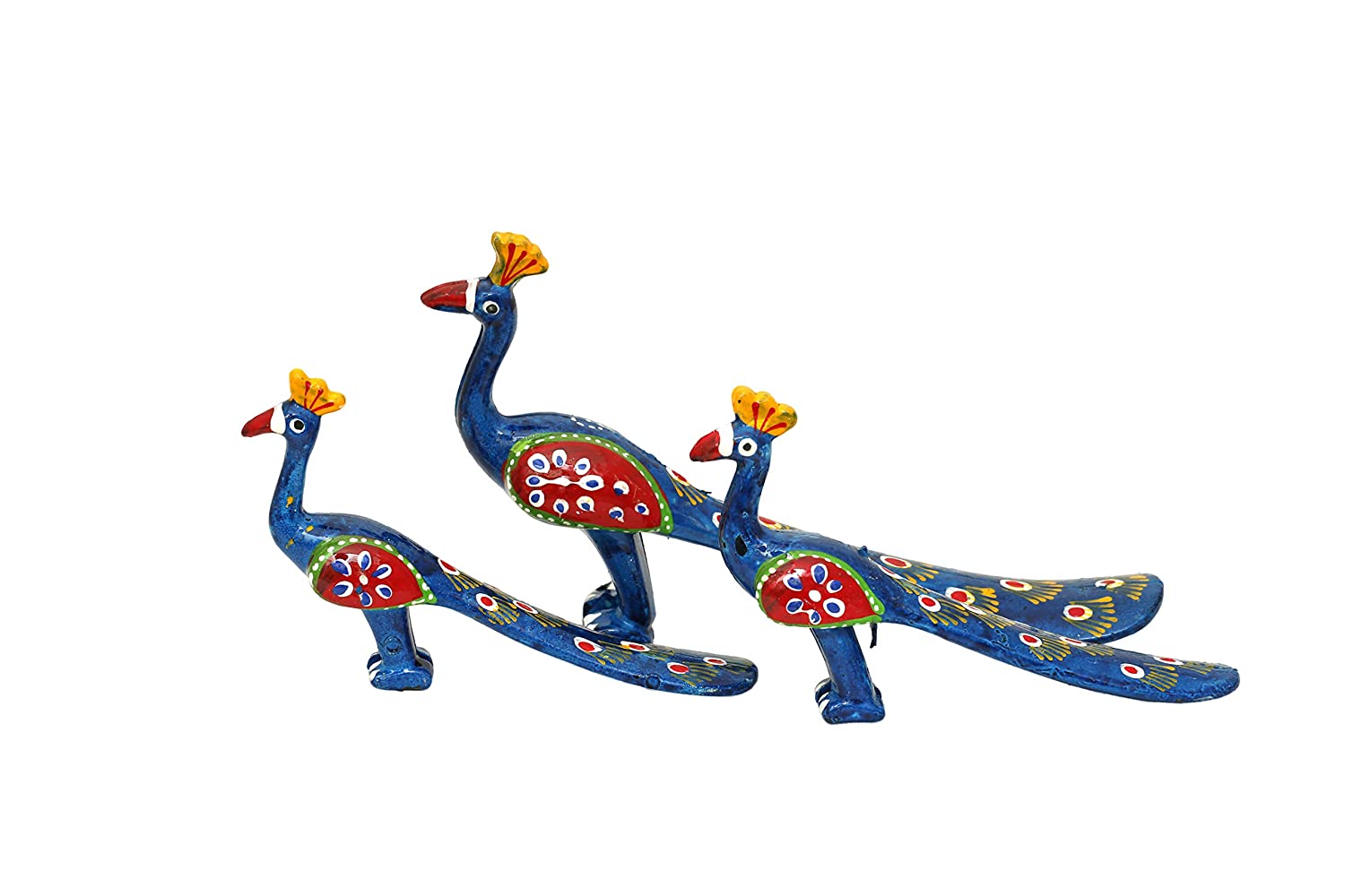 DreamKraft Paper Mache Handcrafted Peacock Showpiece (Blue, 20X10 cm, 15X8 cm, 14X8 cm) - Set of 3