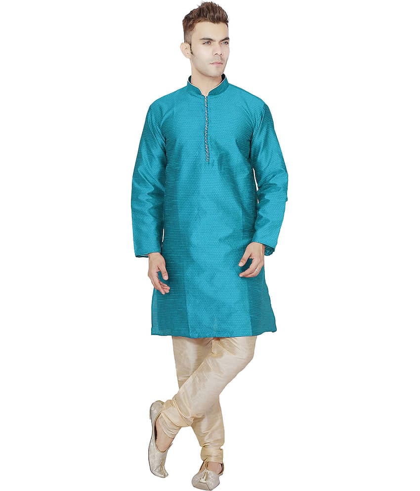 SKAVIJ Turquoise Silk Blend Kurta Pyjama Set