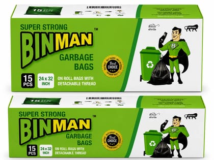 BINMAN Super Strong Garbage Bags on Roll with Detachable Thread | 15 Bags | 24 x 32  Inches | Heavy Duty Disposable Trash Bags for Home, Office & Commercial Use Pack of 2
