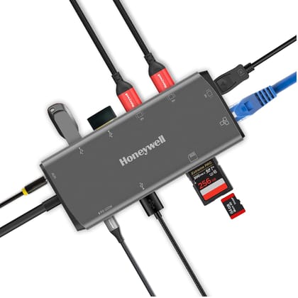 Honeywell 11-in-1 TypeC Multiport Dock with Dual 4K HDMI,DP,RJ45 Ethernet Port,2xUSB 3.0 & TypeC 3.0,3.5 mm Audio Ports,SD & MicroSD Slot,Compatible with All TypeC Devices- Windows,MAC- Grey