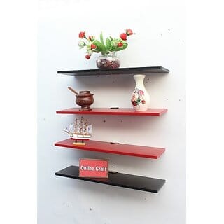 Onlinecraft 20 Inch Patti (Red , Black ) Wooden Wall Shelf (Number Of Shelves - 4, Red, Black)