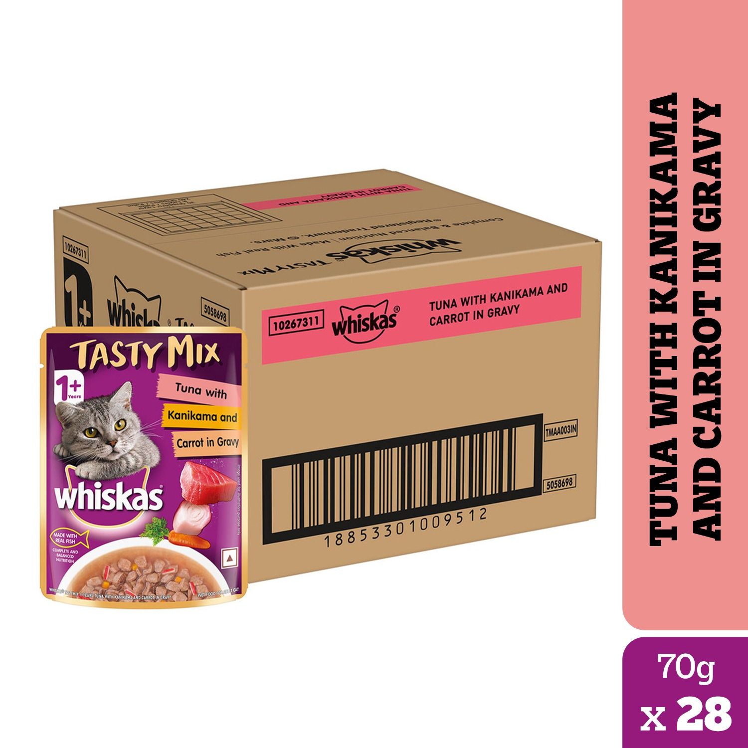 Whiskas Tasty Mix Tuna with Kanikama and Carrot in Gravy Adult (1+ Years) Wet Cat Food (70gx28)