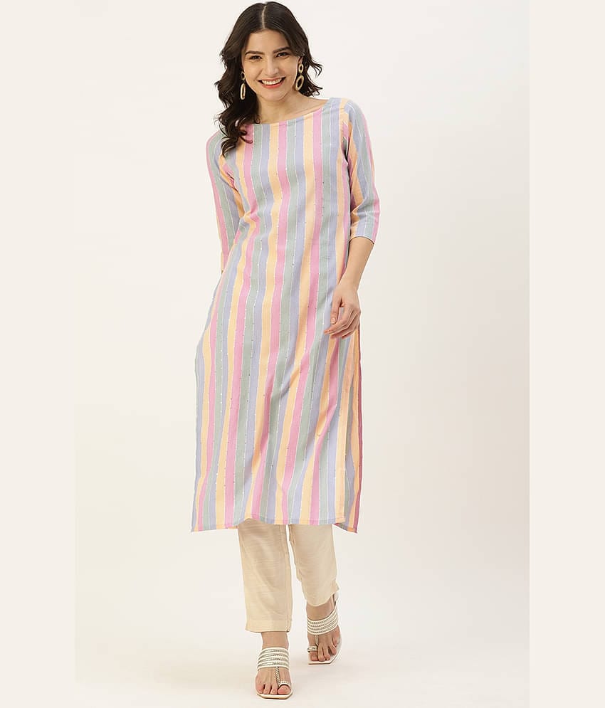 Hritika Cotton Blend Striped Straight Women's Kurti - Multicoloured ( Pack of 1 )