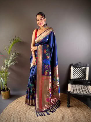 Royal Blue Paithani Saree | Soft Silk Zari Motif Elegance