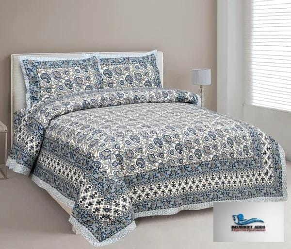 3001-Hometrade India-Standard King Size (90*108 Inches)-Pure Cotton Jaipuri Double Bedsheet With Matching Pillow Cover