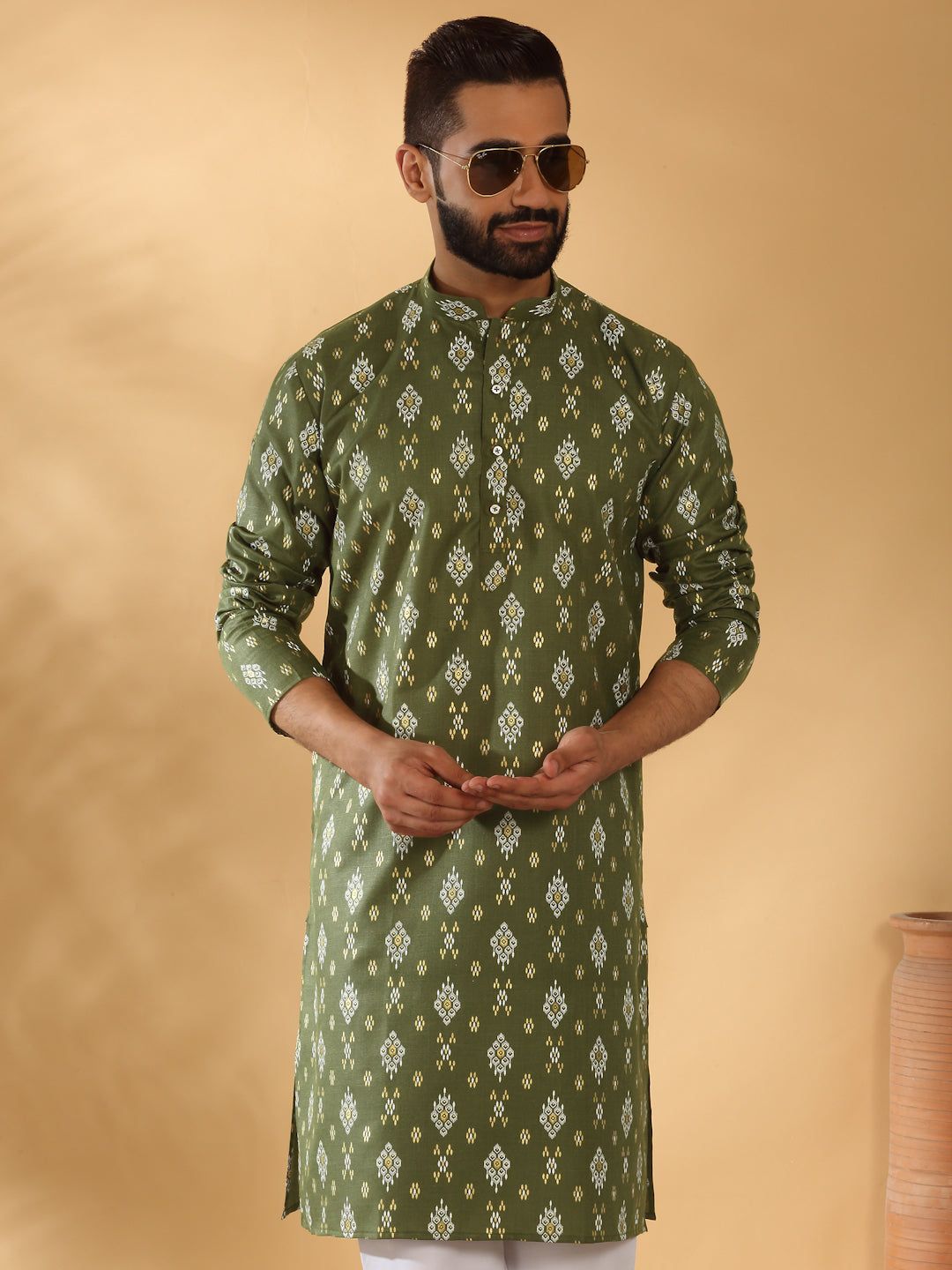 Cotton Blend Geometric Printed Straight Long Regular Kurta