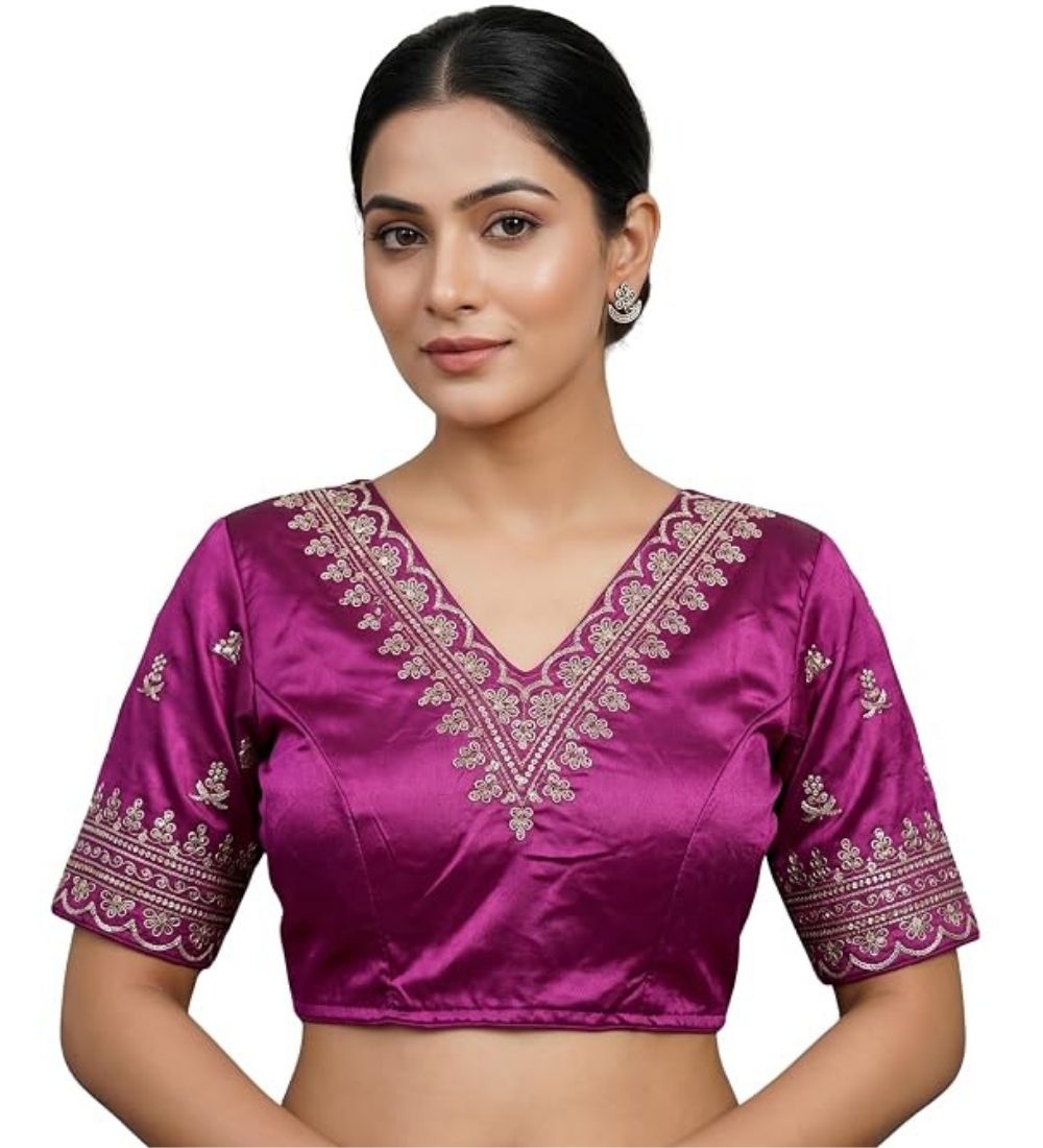 Women's Satin Embroidered Half sleeve V-Neck Padded Readymade Blouse (Purple, Size 38 - Self-Alterable 36โ40)