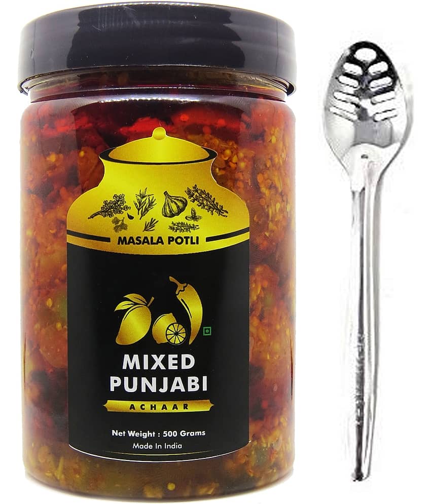 Masala Potli Homemade Punjabi Mixed Pickle & Spoon | Mustard Oil Used | Pachranga Mixed Achaar Pickle 500 g