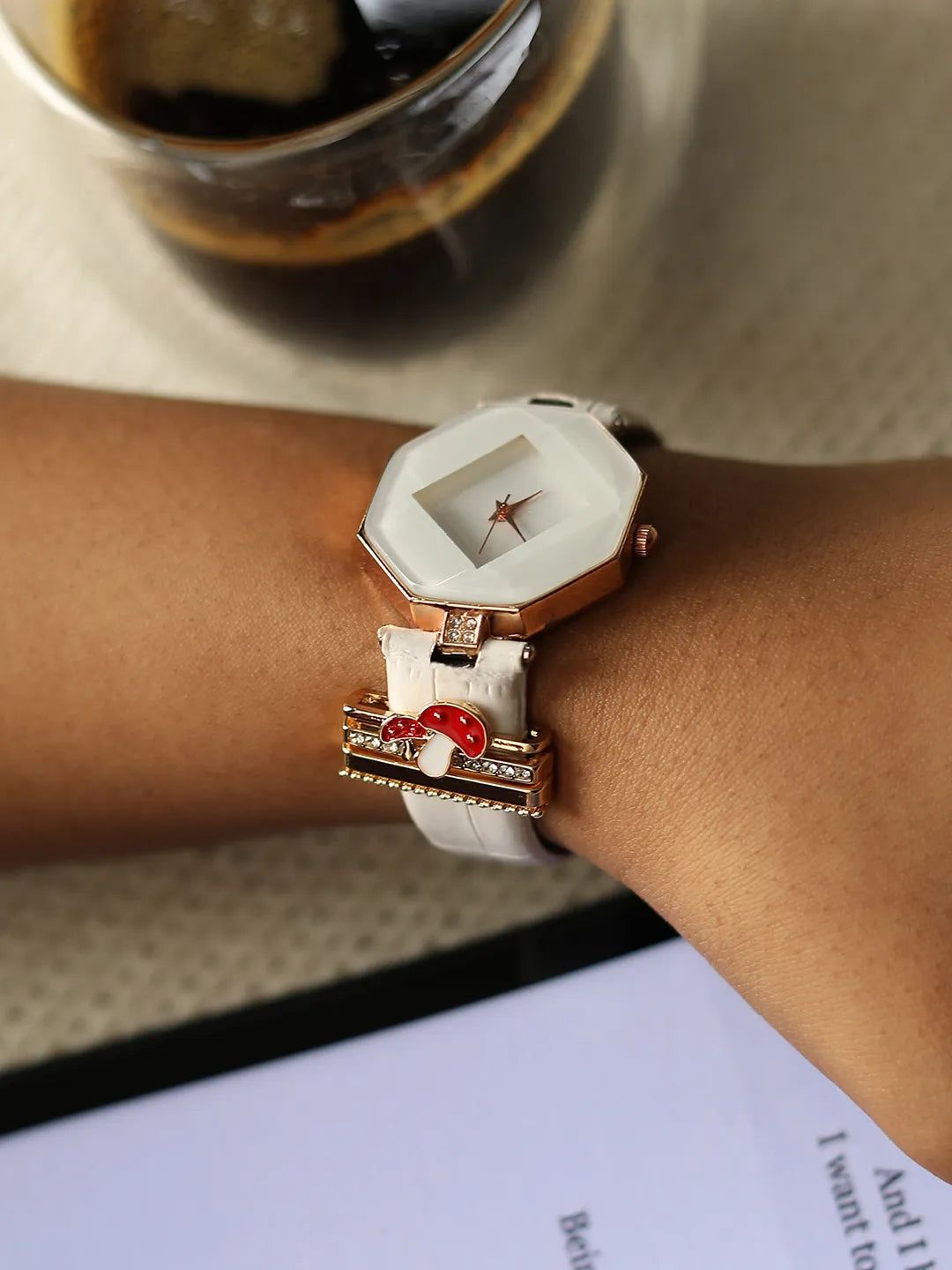 Hectagon Analog Watch With Mushroom Watch Charm - White-Watches