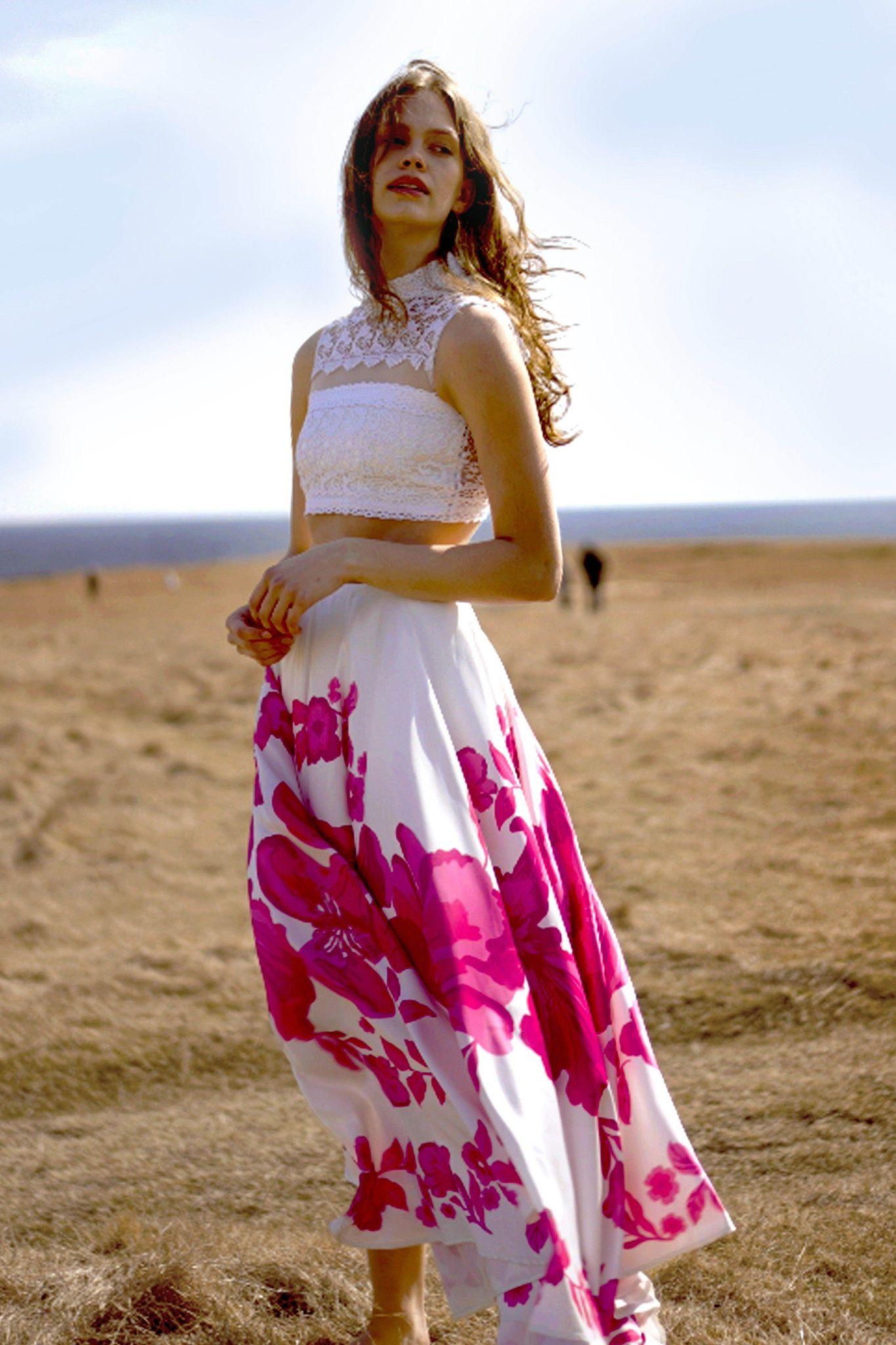 LACE CROP TOP AND FLORAL MAXI SKIRT SET-XS / XXS / White / Pink