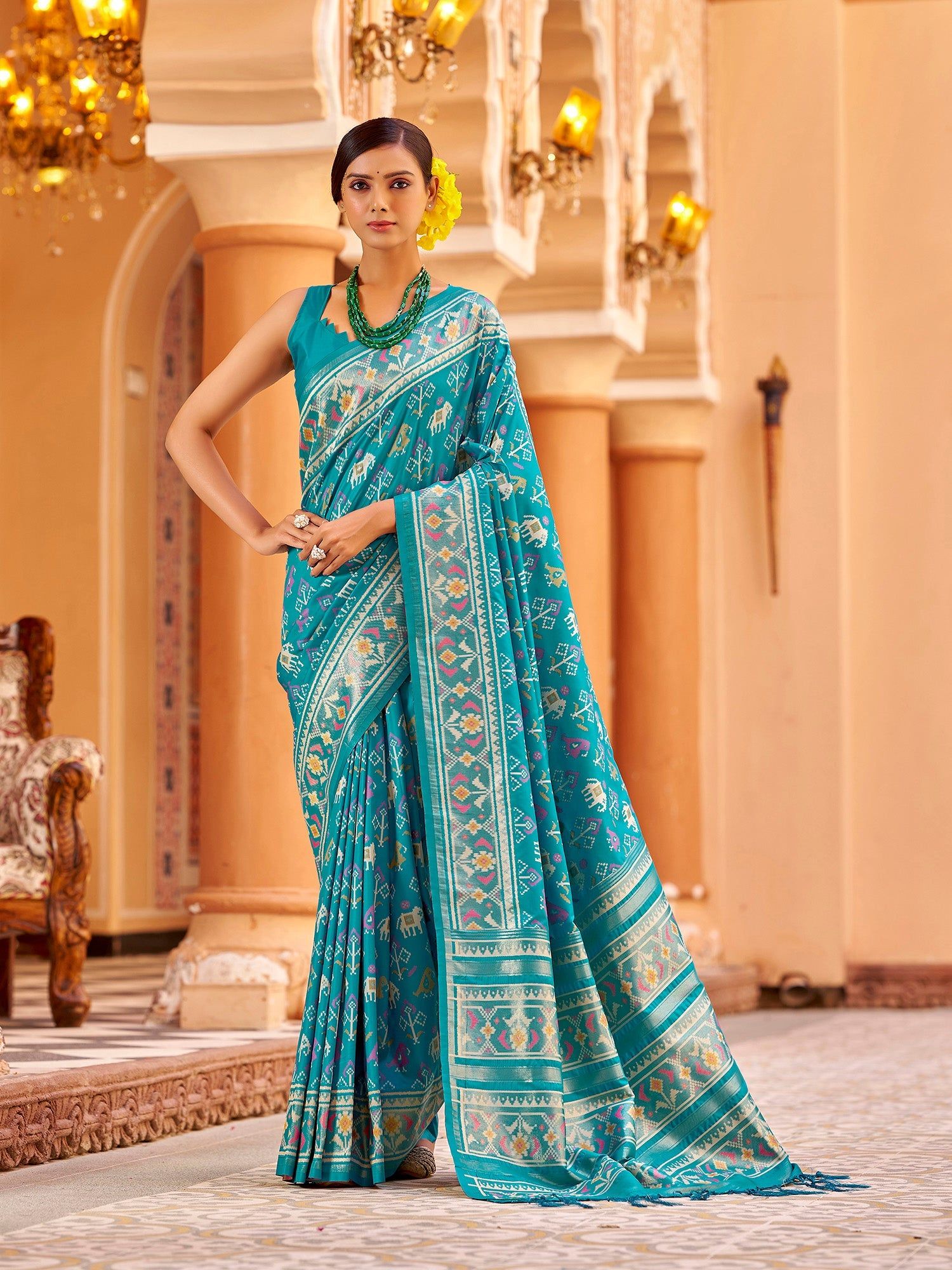 Firozi Soft Silk Patola Zari Jacquard Work Designer Saree