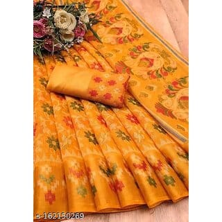 Yellow Colour Cotton Printed saree With Blouse Piece