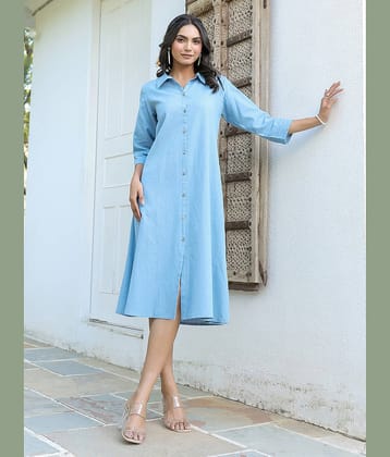 Janasya Women Cotton Solid A-line Dress ( Light Blue )