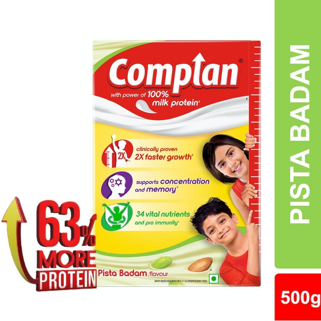 Complan Nutrition Drink Powder for Children, Pista Badam Flavour, 500 g Refill Pack | Nutrition drink for kids with protein & 34 vital nutrients