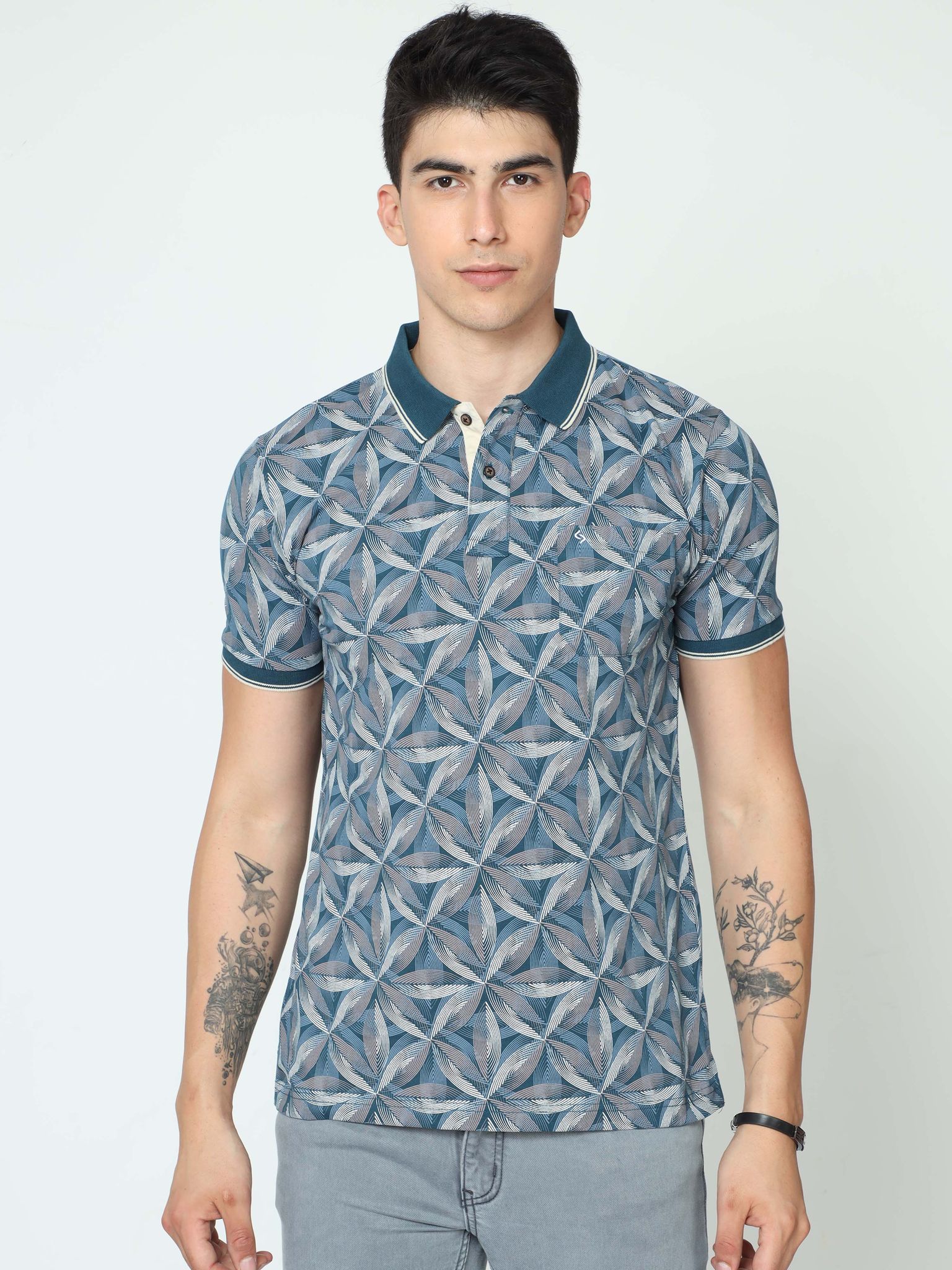 Classic Polo Mens Cotton Half Sleeve Printed Slim Fit Polo Neck Blue Color T-Shirt | BELLO - 233 A SF P