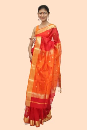 Vibrant Red Drop motif handloom Saree with Tassels Vibrant Red Drop motif handloom Saree with Tassels